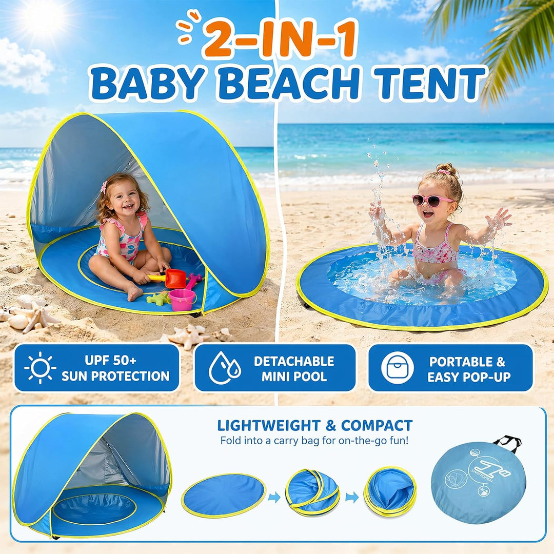 Strandmuschel Pop-Up Baby &amp; Kinder, Strandzelt Windschutz mit Mini Pool | UV-Schutz UPF 50+, Abnehmb