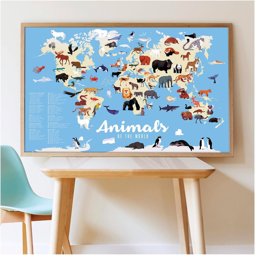 POPPIK 1841051 Sticker-Poster, Tiere der Welt, interaktives Lernposter mit Aufklebern, mehrsprachige