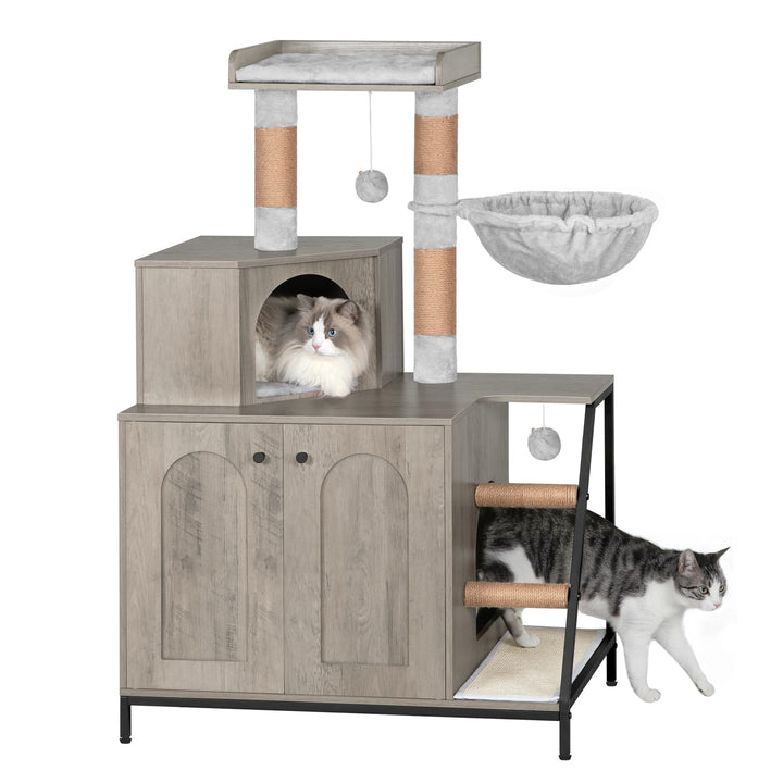 Hzuaneri Kratzbaum mit Katzenklo-Schrank, Katzenschrank, 4-in-1 Modernes Katzenhaus mit Grosser Plat