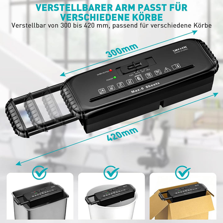 Aktenvernichter, 6 Blatt Streifenschnitt Papierschredder, inklusive Kreditkartenvernichtung, P-2, Ko