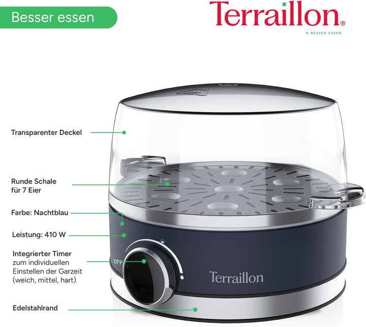 TERRAILLON - New Moon Elektrischer Eierkocher, Kapazität 7 Eier, 410 W, integrierter Timer, integrie