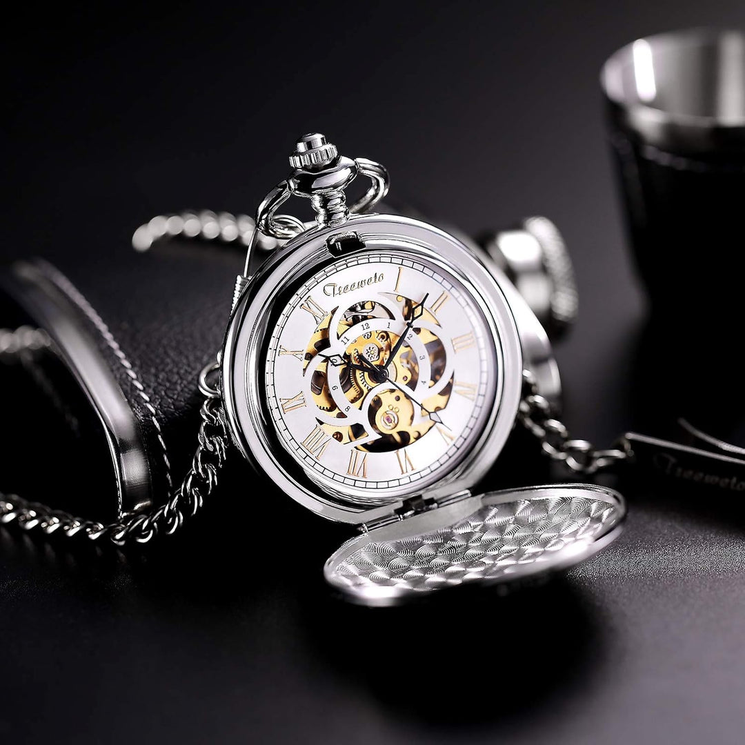 TREEWETO Unisex Taschenuhr mit Kette Analog Handaufzug Antik Graviert Römische Silber/Gold/Schwarz,