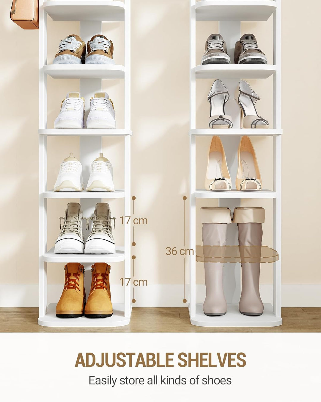 Hzuaneri Schuhregal, Schmales Schuhablage mit 10 Ebenen, Holz-Schuh-Organizer mit Haken, Verstellbar