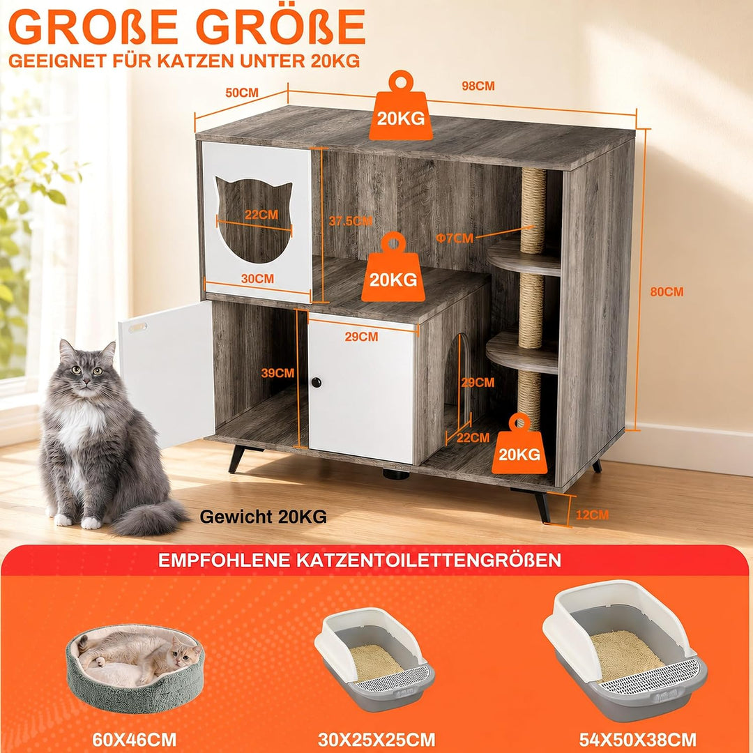 MAMIZO Katzenklo Schrank, 98x91x50CM Tragfähigkeit 50 KG, Hellgrau Hellgrau Holz, Hellgrau Holz