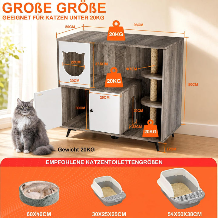 MAMIZO Katzenklo Schrank, 98x91x50CM Tragfähigkeit 50 KG, Hellgrau Hellgrau Holz, Hellgrau Holz