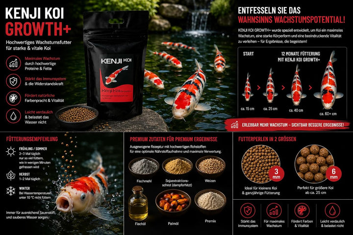 KENJI KOI Growth+ Koifutter 5kg 6mm Wachstumsfutter für den Koi | Schwimmendes Koifutter mit hochwer