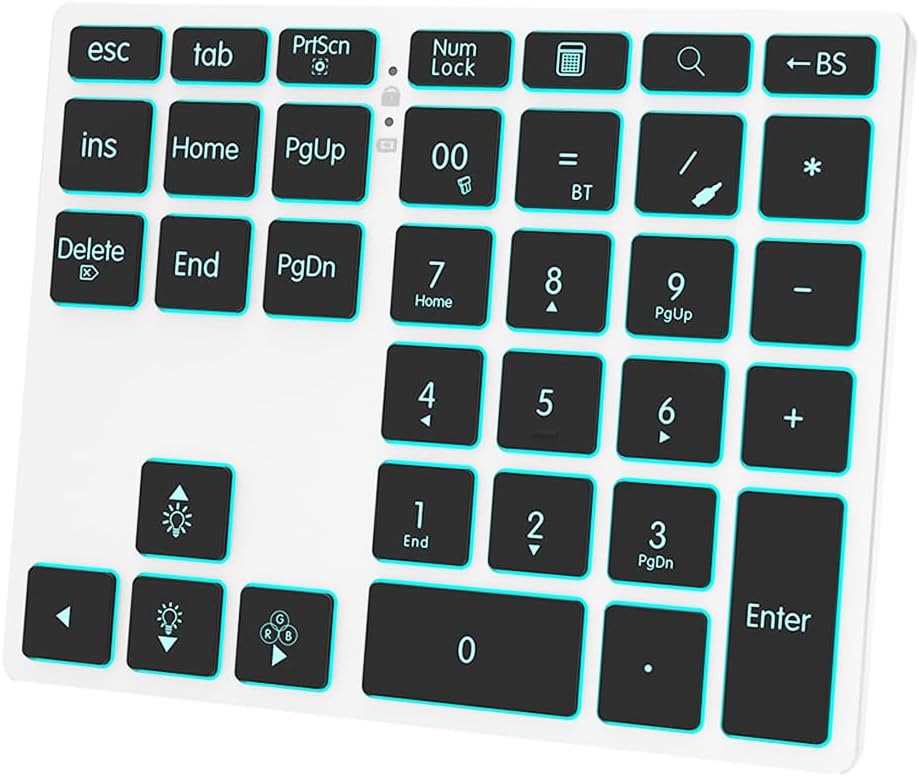 Riven Bluetooth Numeric Keypad, 34 Tasten Wiederaufladbare Wireless Numeric Keypad mit 7 Farben Hint