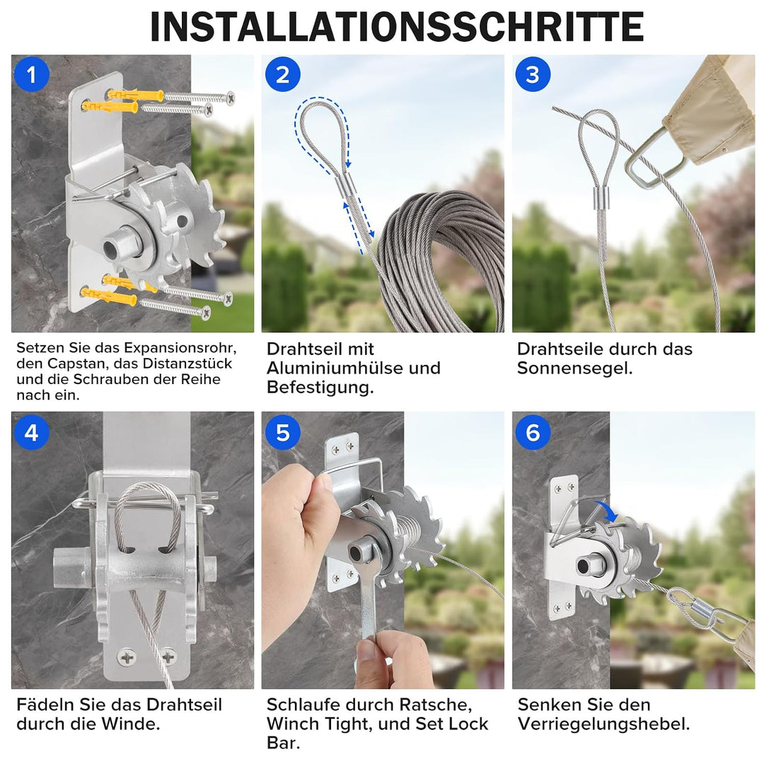 Angooni Sonnensegel-Hardware-Kit inklusive Winden &amp; Drahtseil, Anti-Rost-Edelstahll-Hardware-Kit für