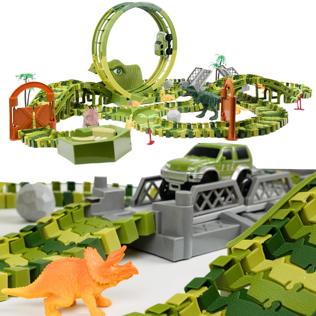 CELMAN Dinosaurier Spielzeug - Flexibles Rennbahn mit viele Teilen und Geländewagen, Autorennbahn Sp