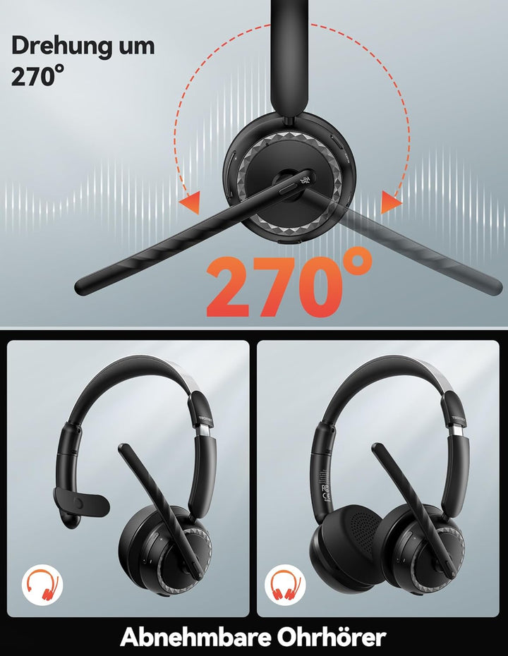 TECKNET V5.3 Bluetooth Headset mit Mikrofon, Wireless Headset mit AI Noise Cancelling Mikrofon, Lade