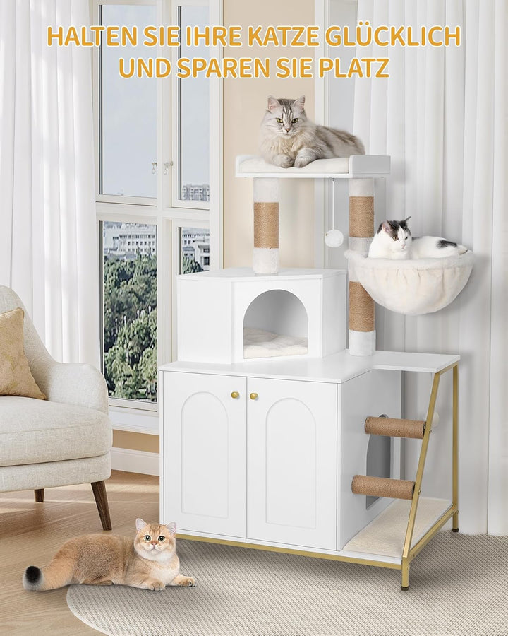 Hzuaneri Kratzbaum mit Katzenklo-Schrank, Katzenschrank, 4-in-1 Modernes Katzenhaus mit Grosser Plat