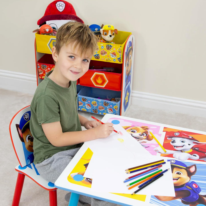 Offizielles Paw Patrol Kindertisch aus Holz und 2 Stühlen, Chase Rubble, Heimmöbel, Kindertisch für