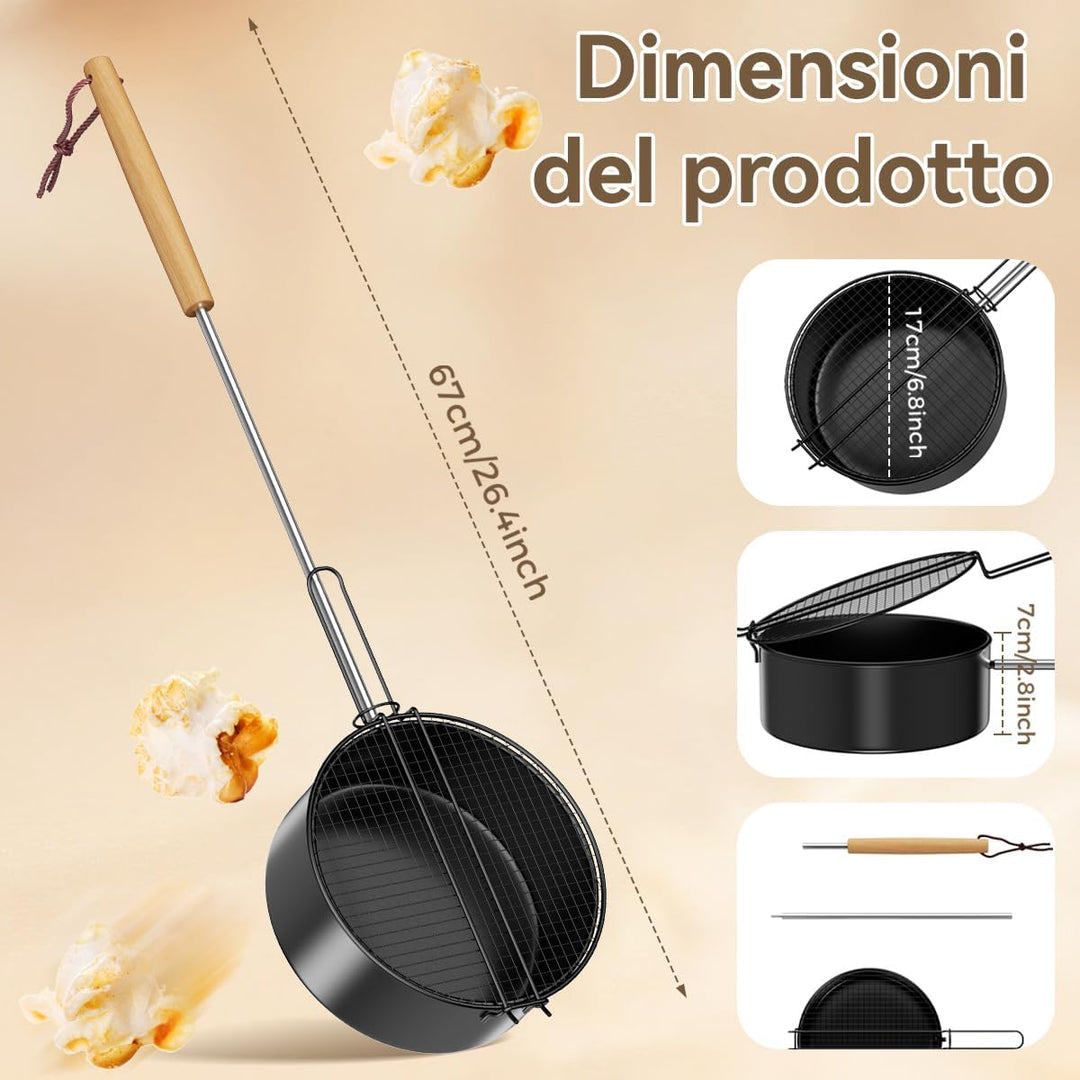 Popcornpfanne für Lagerfeuer &amp; Grill | aus hochwertigem Carbonstahl &amp; Sicherheitsgriff | Perfekt für