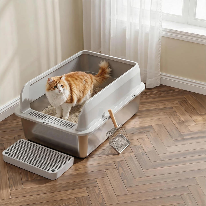 Katzenklo Edelstahl, Katzentoilette Gross XXL mit Metall Schaufel, 50L Katzenklo mit Abnehmbares Hoh