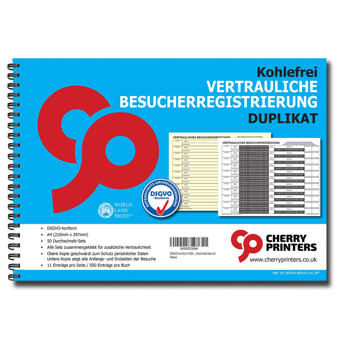 Cherry DSGVO-konform Gästebuch/Besucherbuch für Empfangsbereiche, Selbstdurchschreibend, 2x50 Blatt,