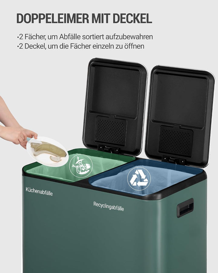 Hzuaneri Mülleimer Küche, 2 x 30 L, Mülltrennsystem 2 Fächer 60 L, Edelstahl-küchenmülleimer, Tretmü