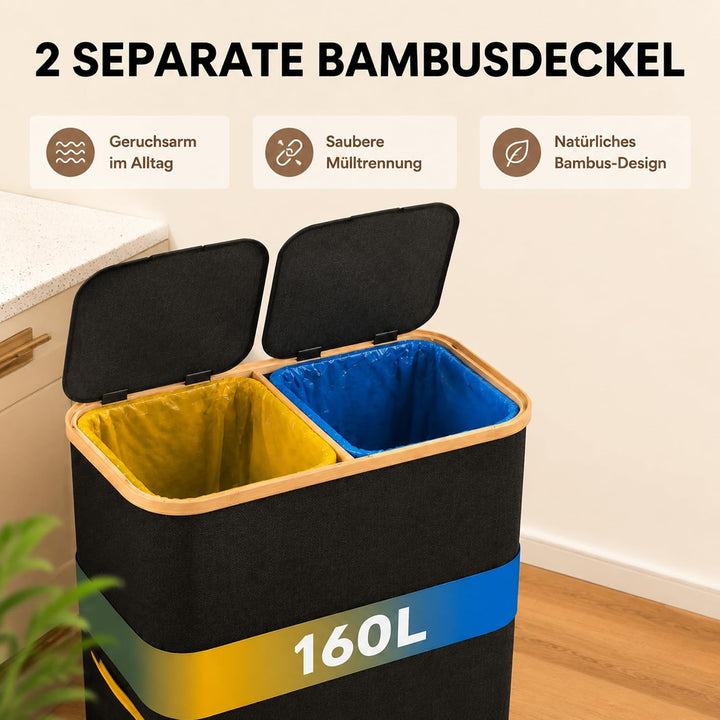 160L Mülltrennsystem mit 2 Fächern, Gelber Sack Ständer aus 900D Oxford-Stoff, Müllsackständer mit D