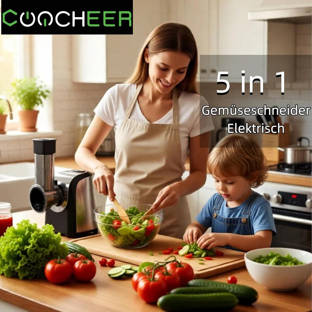 Elektrischer Gemüsehobel 150W Profi - 5-in-1Multireibe mit 5 Schneidetrommeln | Gemüseschneider für