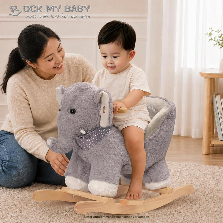Plüsch Rocking Horse - weicher gefüllter Körper, Sicherheitssitz Stuhl, Holz Rockers, Musikknopf - K