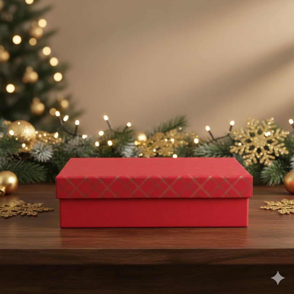 Emartbuy Handgefertigte Geschenkbox aus Baumwollpapier, kariert, rot, 38 x 27 x 10 cm (15 x 10,6 x 3