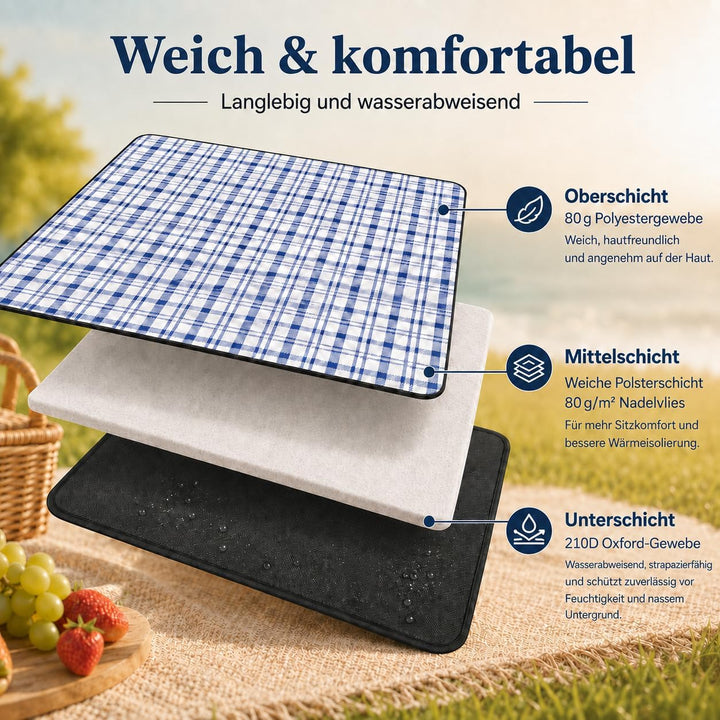 Picknickdecke XXL 200x200 cm, gepolstert &amp; faltbar, wasserabweisend