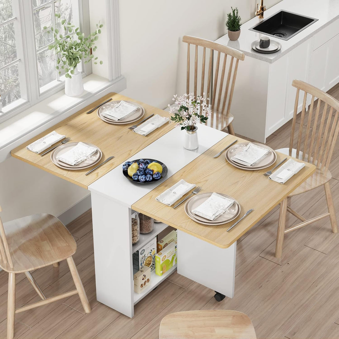 Platzsparender Klappbarer Esstisch – Ausklappbare Tischplatte, 2-Stufiger Stauraum &amp; Rollen – Erweit