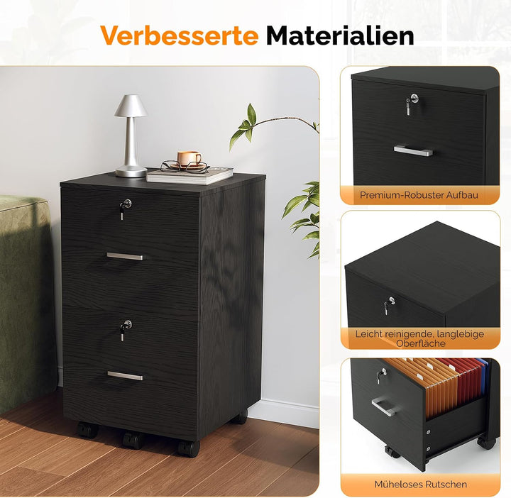Bonnlo mobiler Aktenschrank 2 Schubladen für Büro,Homeoffice, schwarz,Holz, Schwarz