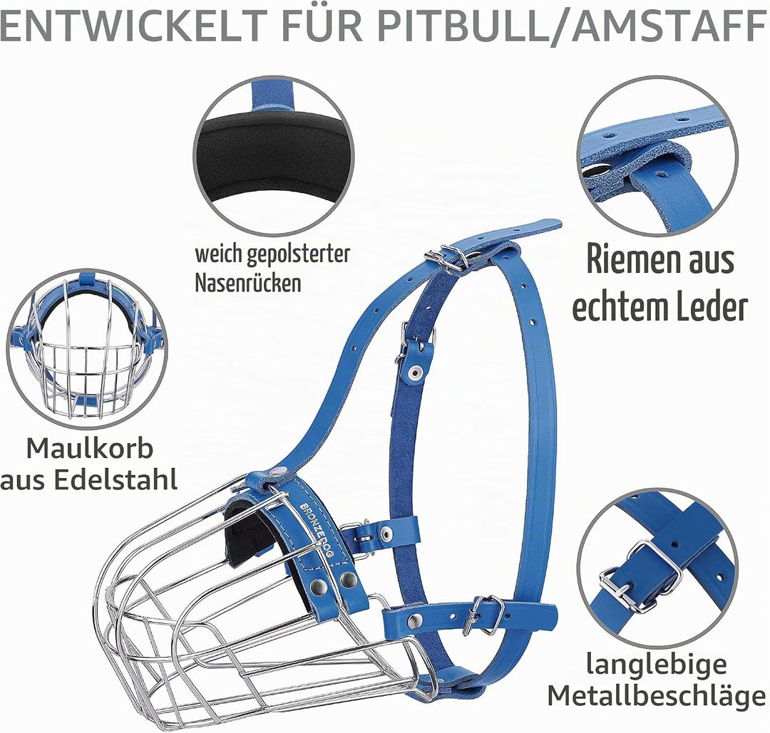 BronzeDog Maulkorb für Hunde aus Metall – Amstaff Drahtkorb mit verstellbaren Lederriemen für grosse