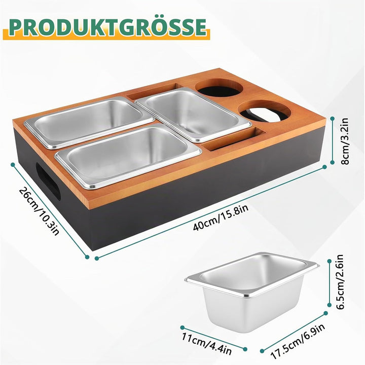 Foydream Couchbar Snackbox, Sofa Tablett Holz mit 3 Snackschalen, 2 Getränkehalter and Handyhalterun