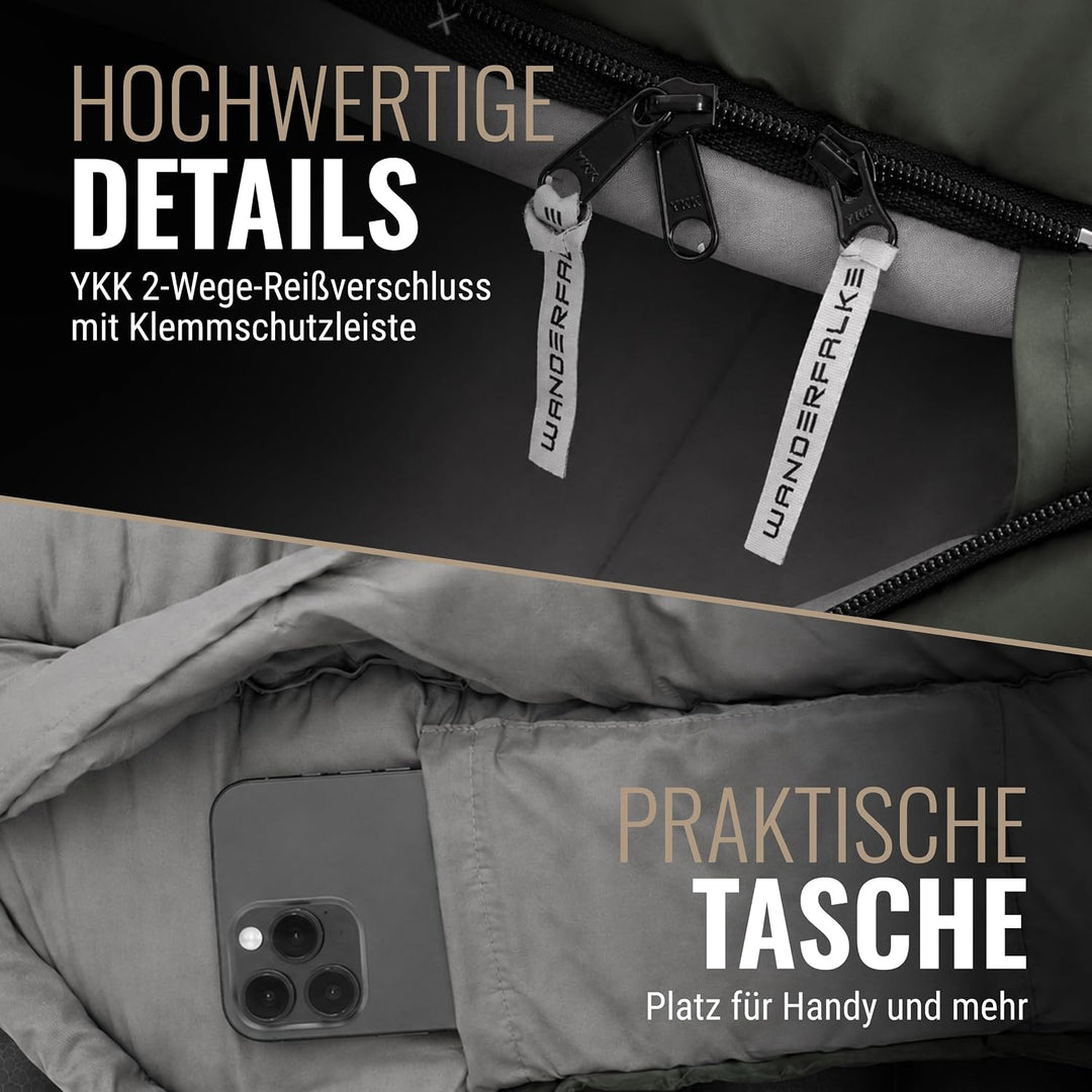WANDERFALKE® Premium Schlafsack Erwachsene (Alpinist/Wanderer), 3-4 Jahreszeiten (480GSM) &amp; Sommersc