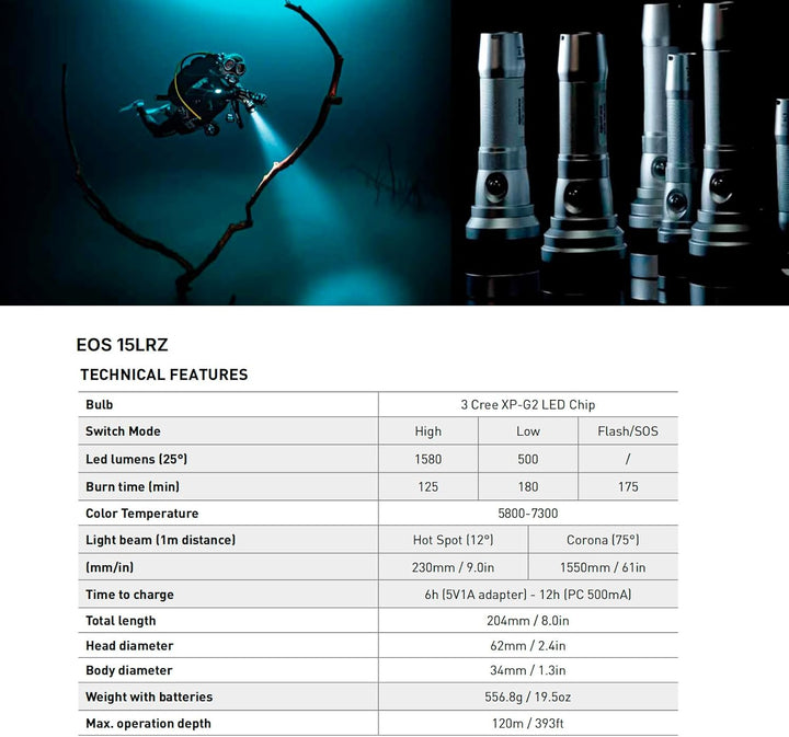 Mares EOS 15LRZ, Tauchlampe mit 1580 Lumen, Aluminium