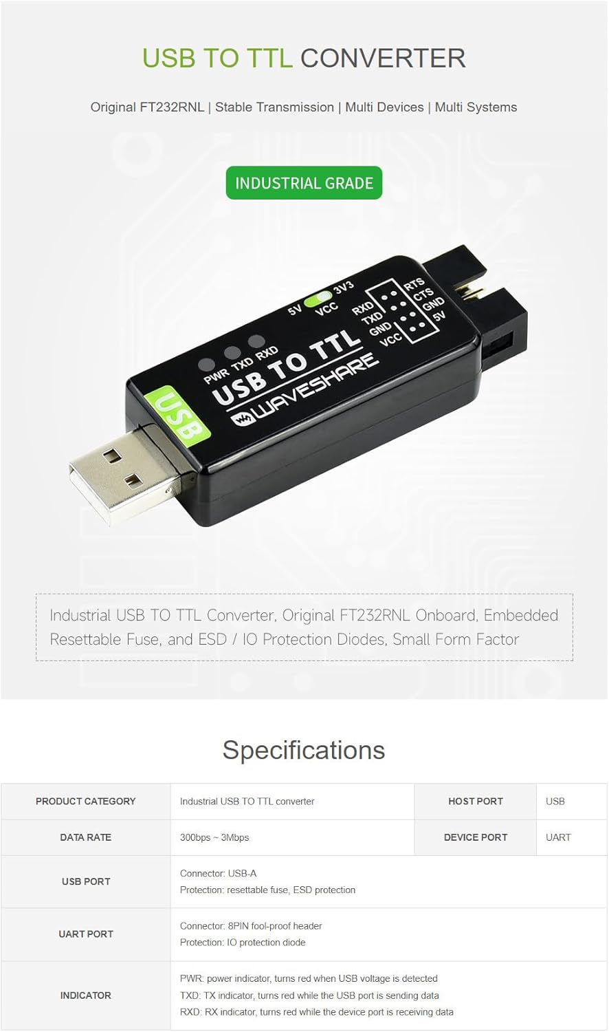USB to TTL Serial Converter Adapter, Industrial USB UART Module with Protection Circuit, Compatible