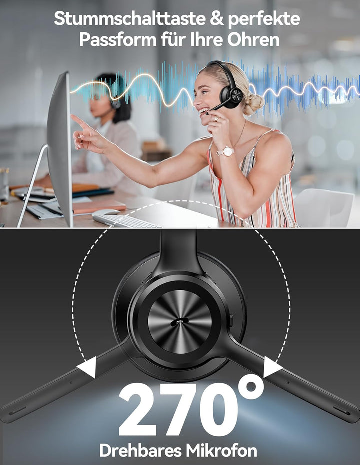 TECKNET V5.2 Bluetooth Headset mit Mikrofon &amp; USB Dongle Wireless Headset mit Noise Cancelling und S