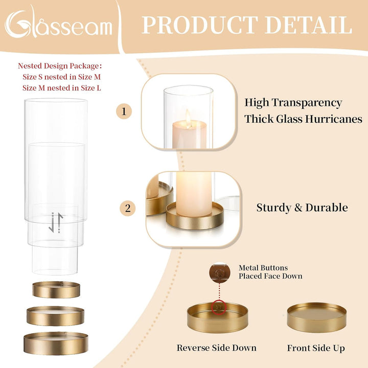 Glasseam Gold Windlicht Glas: 3er Set Gross Kerzenständer mit Glaszylinder Gold+klar 3, Gold+klar 3