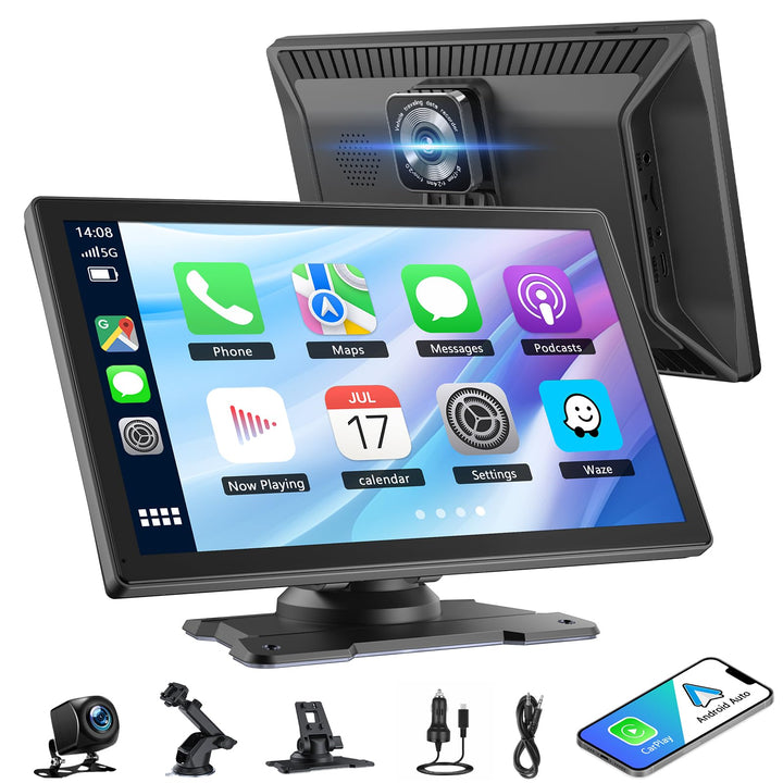 9" Wireless Tragbarers CarPlay Display für Apple Carplay &amp; Android Auto, mit 4K Dash Cam 1080P Rückf