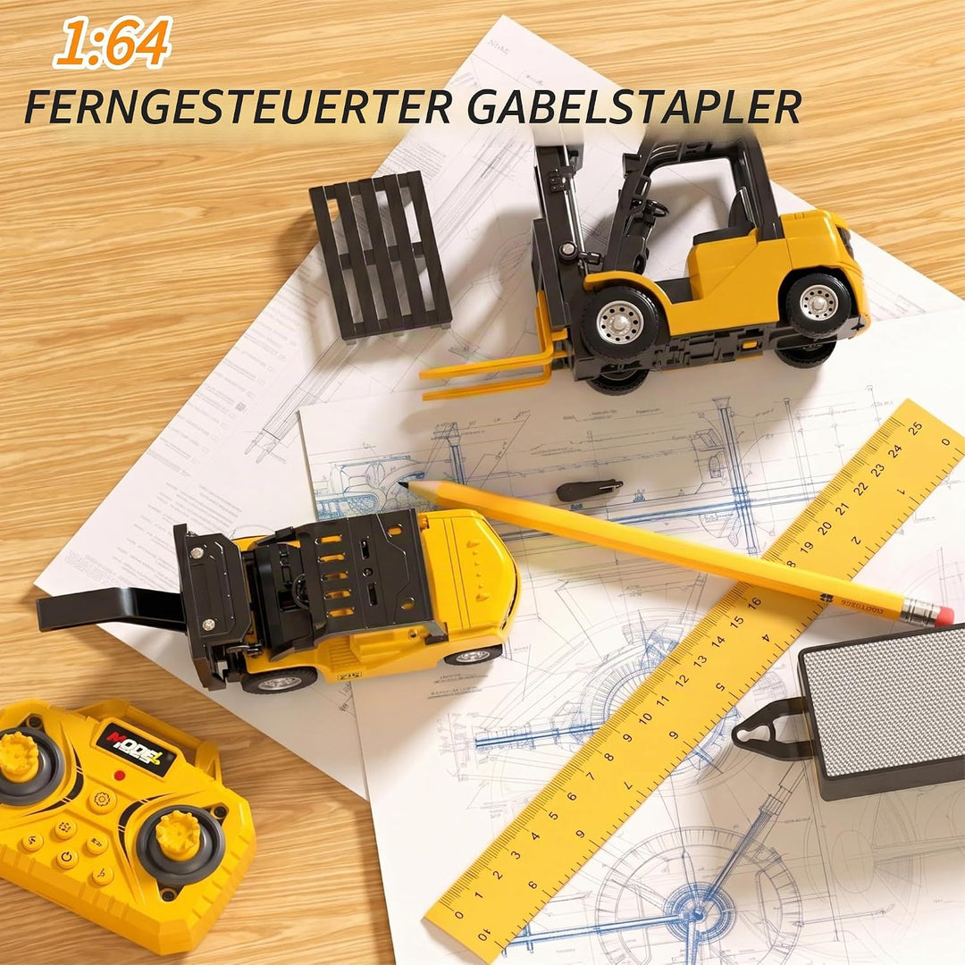 Mini RC Gabelstapler mit Anhänger, 11 Kanal Ferngesteuerter Stapler Gelb - Mini Gabelstapler mit Anh