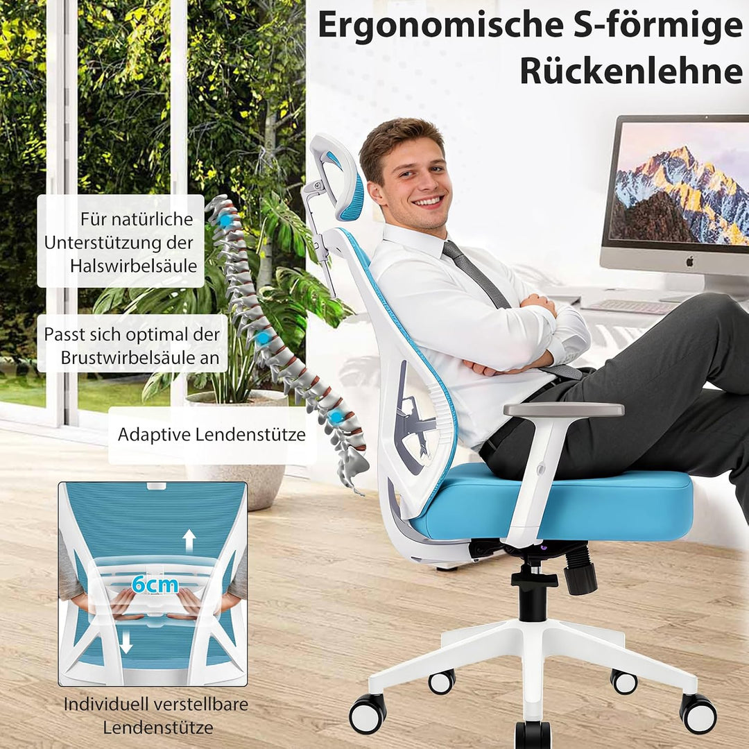 Bürostuhl ergonomisch, Schreibtischstuhl mit Kopfstütze, Lordosenstütze und höhenverstellbaren Armle