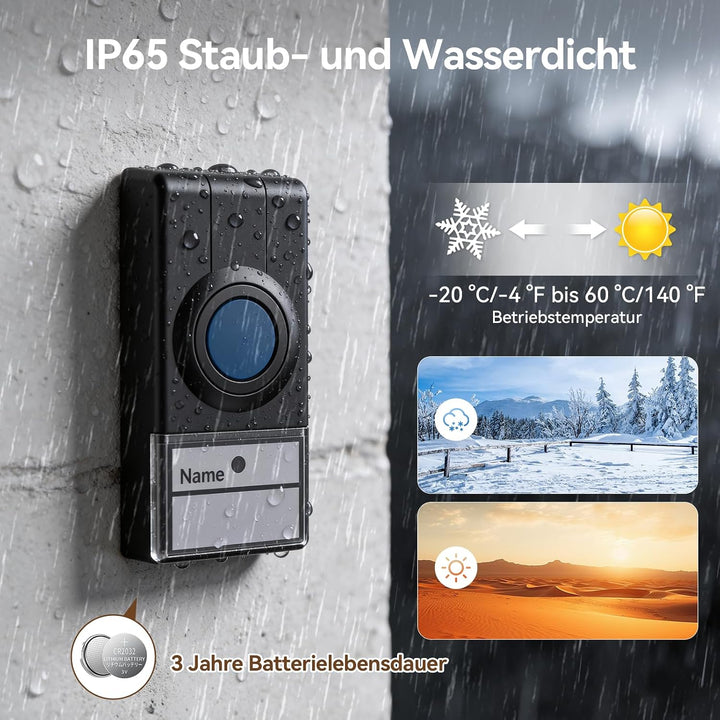TECKNET Funkklingel, Batteriebetriebenes Lautes Kabelloses Klingel Set Schwarz, Schwarz