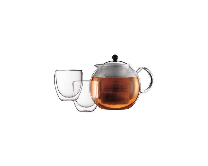 Bodum K1833-16 Assam Set Teebereiter, 1.5 L mit 2 doppelwandigen Gläser, 0.25