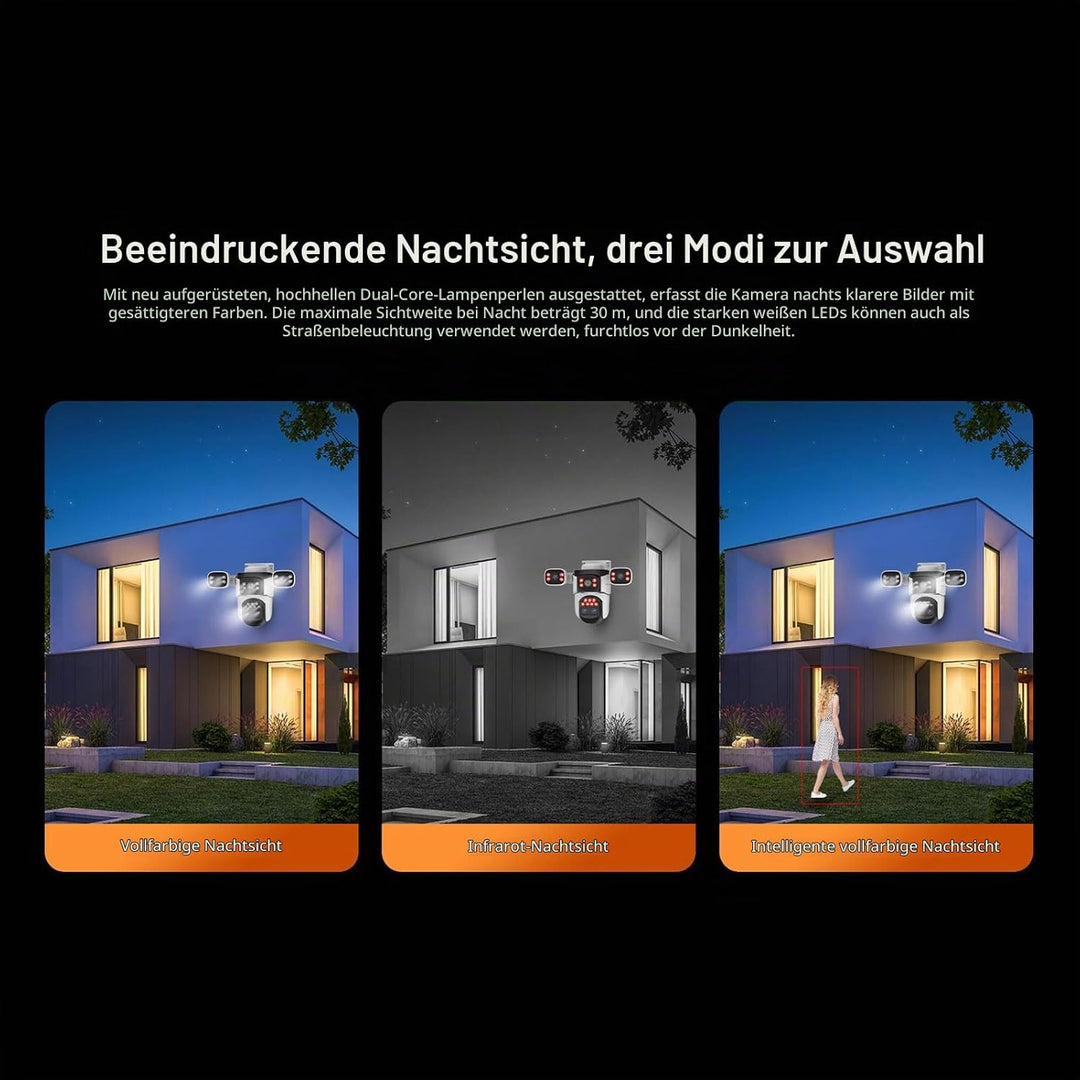 3-Objektiv-Überwachungskamera für den Aussenbereich, 360°-WLAN-Überwachungskamera mit KI-Menschenerk
