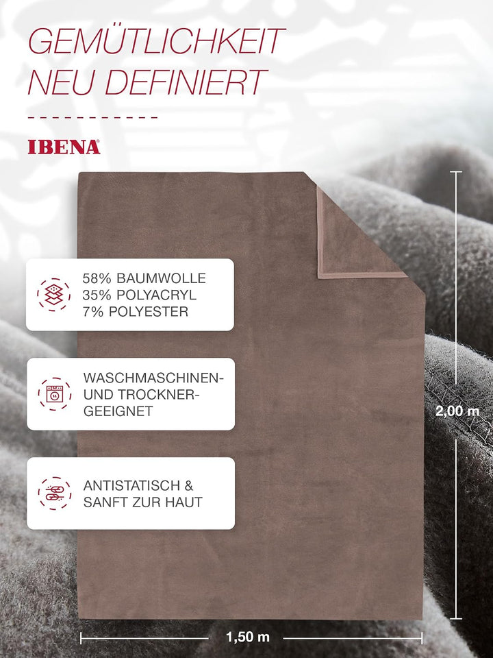 Ibena Porto Decke 150x200 cm – Baumwollmix weich, warm &amp; waschbar, Kuscheldecke taupe einfarbig 150