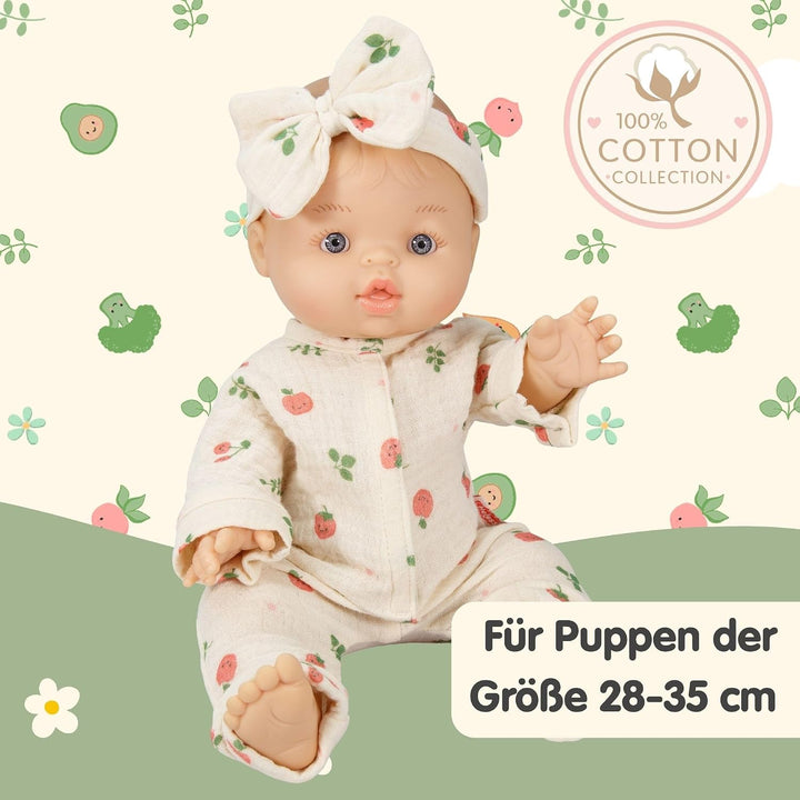 Heless 1681 - Musselin Puppen-Strampler Freche Früchtchenmit niedlichem Haarband, 100 % Bio-Baumwoll