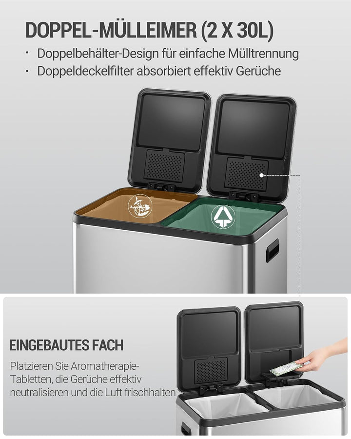 Hzuaneri Mülleimer Küche, Mülltrennsystem 2 Fächer 60L (2 x 30 L), Edelstahl-küchenmülleimer mit far