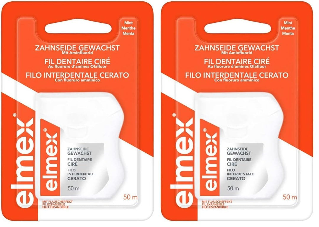 elmex Zahnseide 50 m – gewachstes Zahnband für eine gründliche Zahnreinigung – Faden mit Flauscheffe