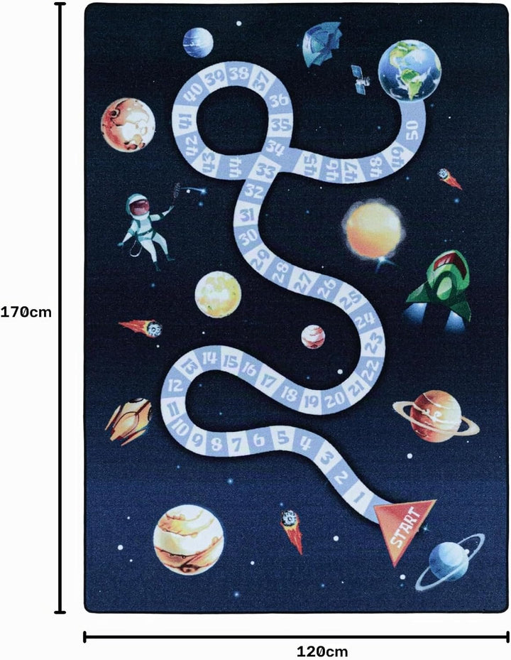 HomebyHome Kurzflor Kinderteppich Kinderzimmer Teppich Spiel Weltall Planet Rakete Blau, Farbe:Marin