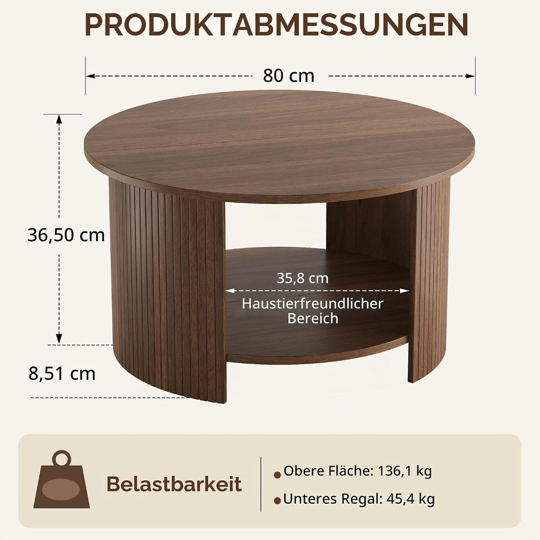 oneinmil Runder Couchtisch, 80 cm Wohnzimmertisch mit 2 Ablage-Ebenen, Starker Tischplatte und Stabi