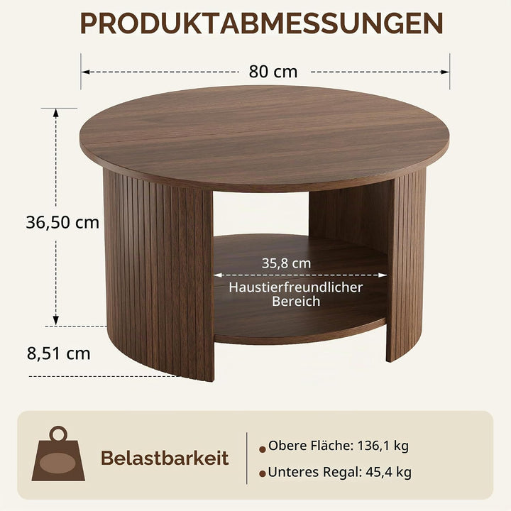 oneinmil Runder Couchtisch, 80 cm Wohnzimmertisch mit 2 Ablage-Ebenen, Starker Tischplatte und Stabi