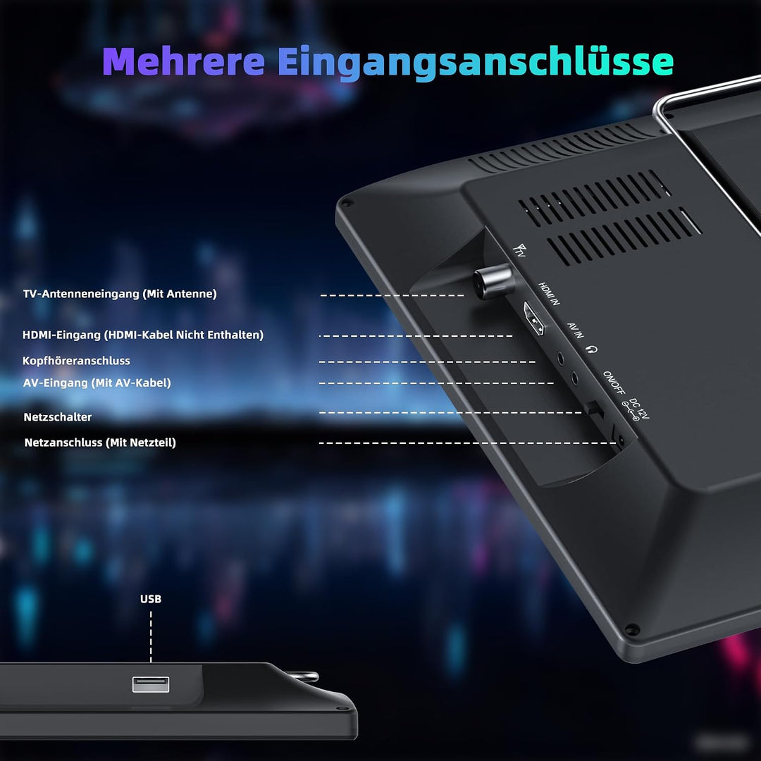 DESOBRY Tragbarer Fernseher 15,6 Zoll 1080P | DVB-T2, USB HDMI AV-Eingang, 12V TV Mit Akku für Campi