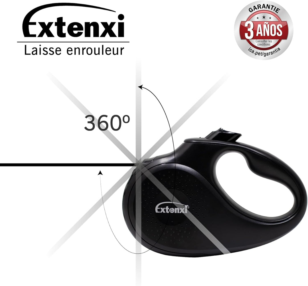 ICA Hundeleine, einziehbar, bis 12 kg, Länge 3 m, ergonomischer und sicherer Griff (Schwarz, XS) Sch
