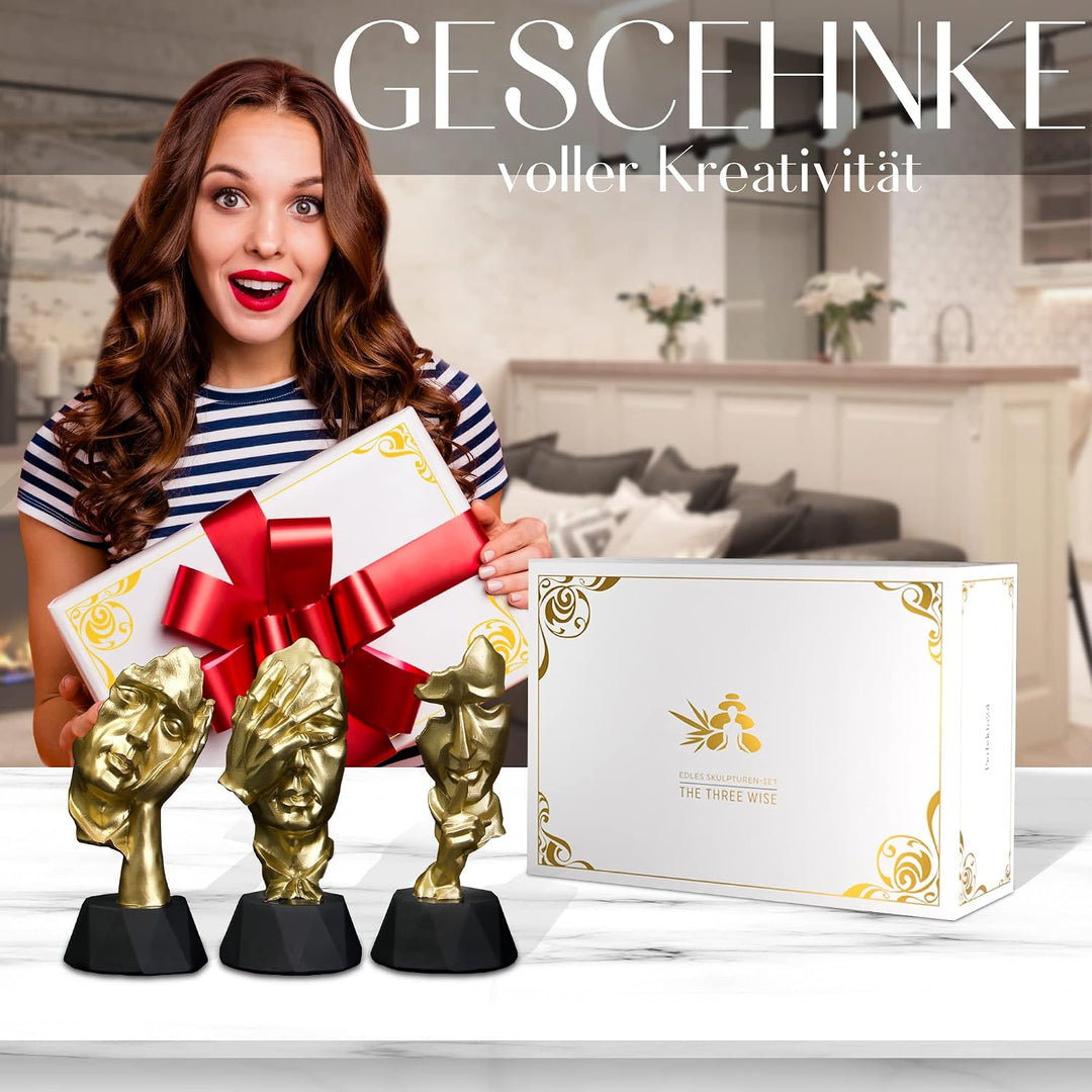 Denker Statue 3er Set – abstrakte Kunst Skulpturen in Gold Schwarz, Gold